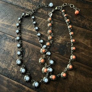 Set of Anthropologie White and Peach Graduated Antique Brass Statement Necklaces